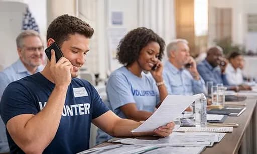 A diverse group phone banking at tables